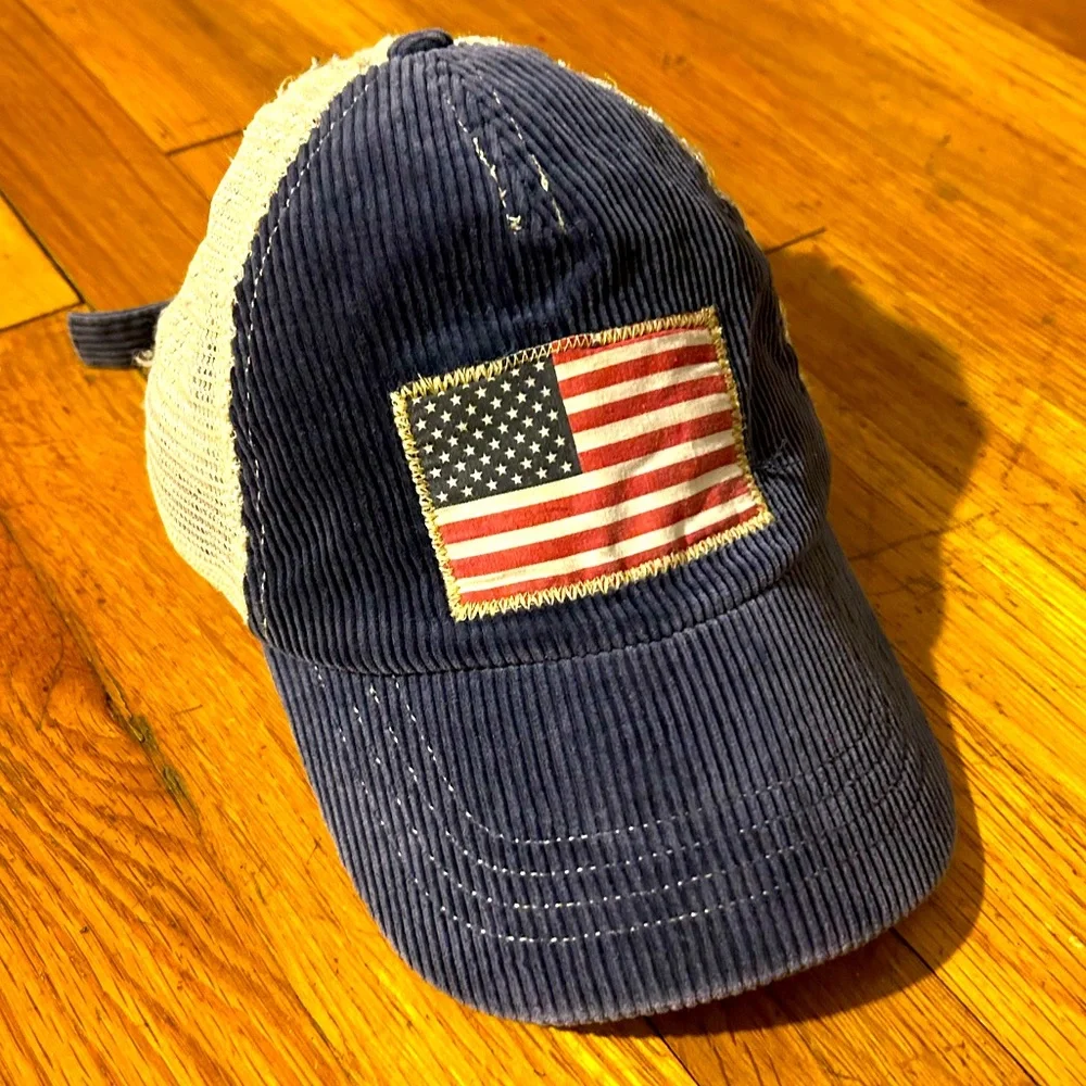 🇺🇸 Ralph Lauren Polo Navy and Tan Corduroy Mesh American Flag Trucker Cap